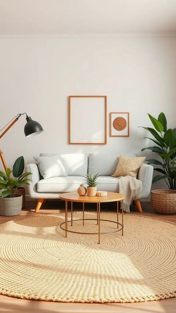 29+ Stylish Living Room Area Rug Ideas to Transform Your Space 8 A cozy living room featuring a round natural fiber rug, light-colored sofa, wooden coffee table, and indoor plants.