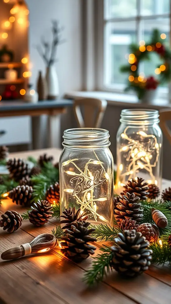 Mason jars filled with fairy lights surrounded by pinecones and greenery on a wooden table.