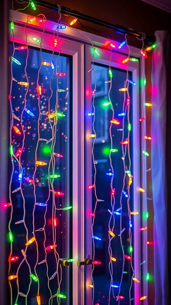Brightly colored Christmas light curtains hanging in a window