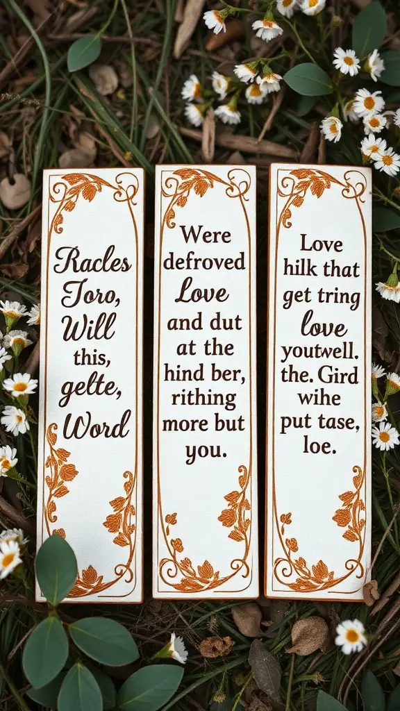 Three embroidered bookmarks with inspirational quotes on a grassy background