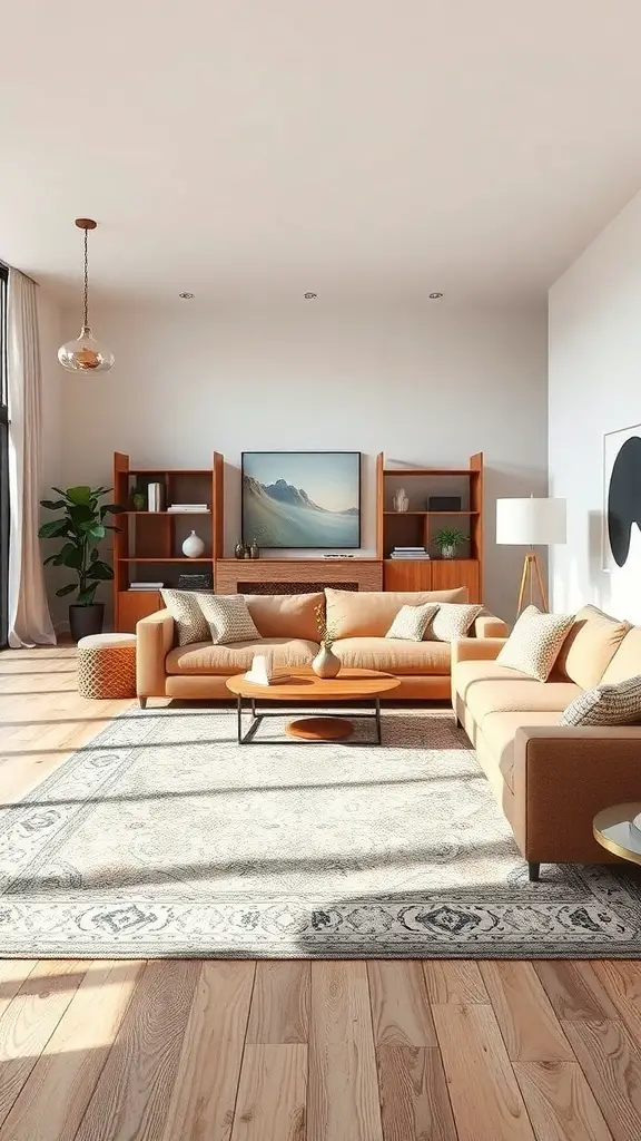 Stylish living room with a large rug anchoring the seating area