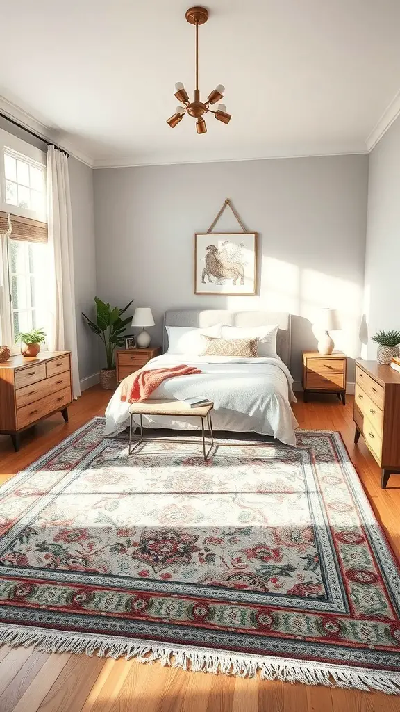 27+ Charming Small Master Room Ideas for Cozy Living 7 A small master bedroom featuring a large area rug that defines the space around the bed.