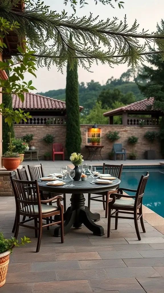 23+ Stunning Tuscan Pool Designs for Your Dream Backyard 7 Outdoor dining area by a pool with a round table and wooden chairs, surrounded by greenery.