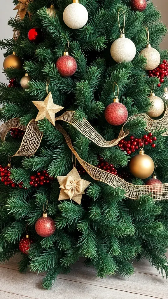 A beautifully decorated hunter green Christmas tree with red and gold ornaments, burlap ribbon, and star decorations.
