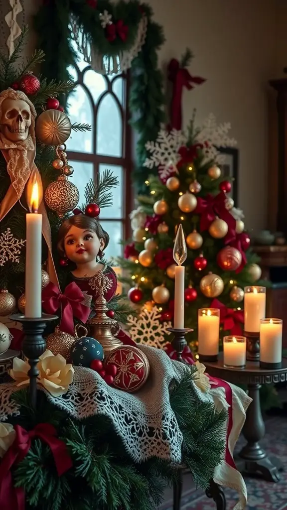 A Victorian-inspired Christmas decoration scene featuring a doll, candles, and a beautifully decorated tree.
