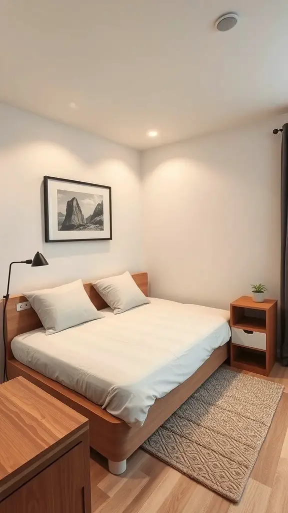Cozy bedroom featuring a simple bed, a bedside table with storage, and a soft rug.
