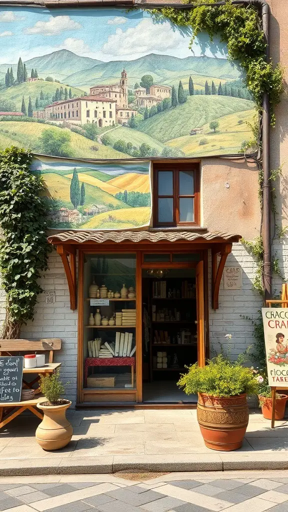29+ Inspiring Tuscan Landscape Design Ideas You’ll Love 10 A shop front with a mural of the Tuscan landscape, featuring rolling hills and rustic buildings, surrounded by potted plants.