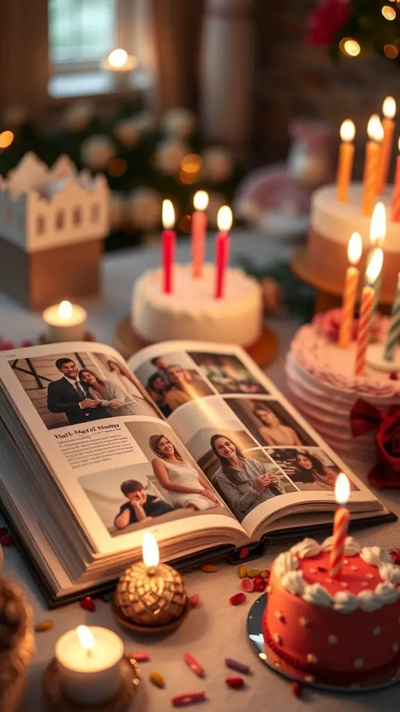 A customized photo book open on a table surrounded by birthday cakes and candles.