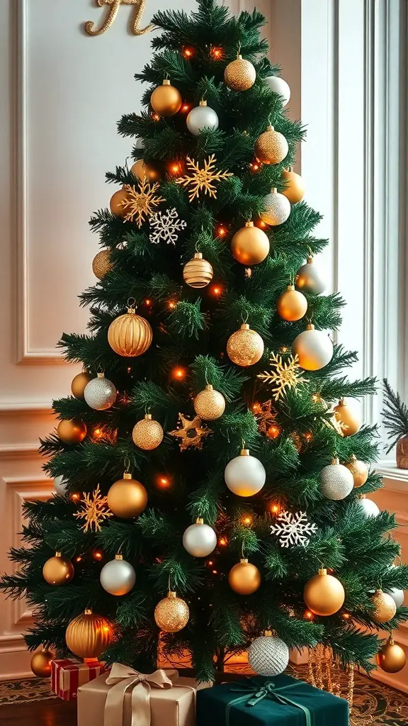 A green velvet Christmas tree decorated with golden ornaments and snowflakes, surrounded by wrapped gifts.