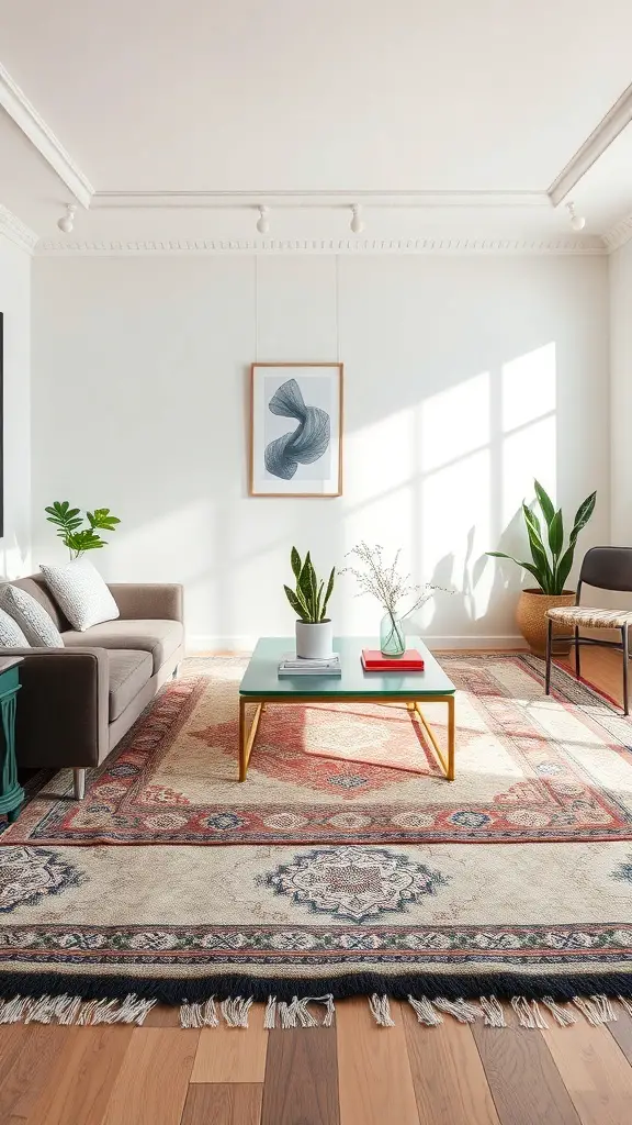 29+ Stylish Living Room Area Rug Ideas to Transform Your Space 2 A cozy living room with layered rugs, a coffee table, and plants.