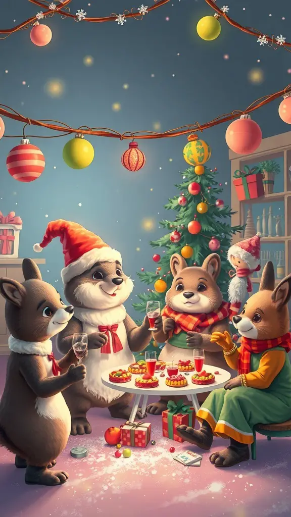 A festive gathering of anthropomorphic animals celebrating Christmas with decorations, food, and drinks.