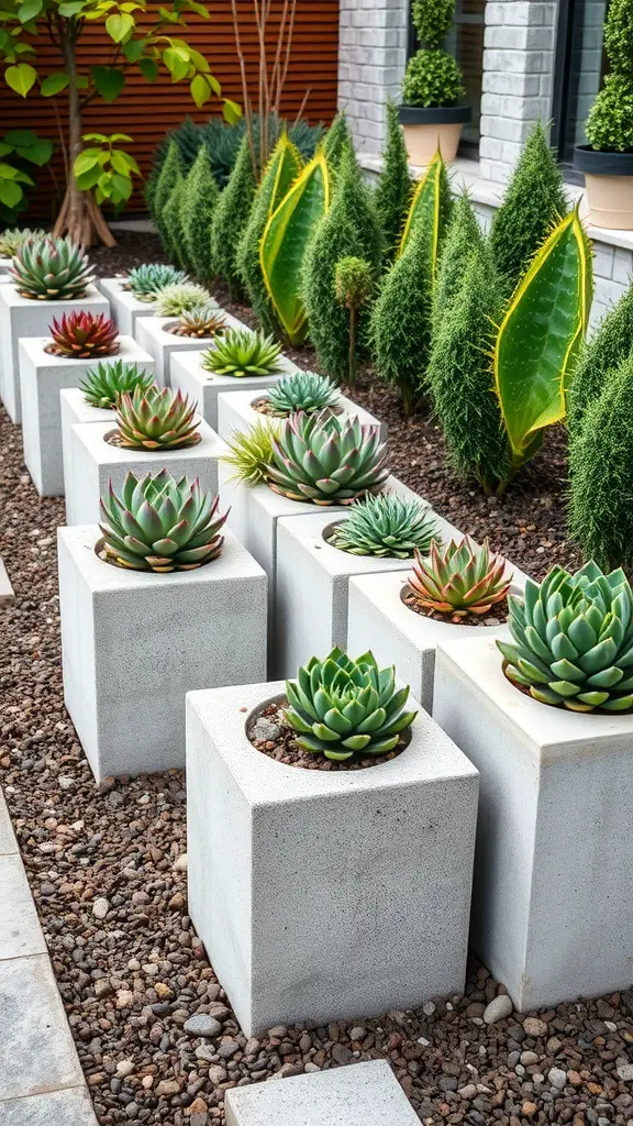 A row of concrete block planters filled with various succulents, set against a backdrop of greenery.