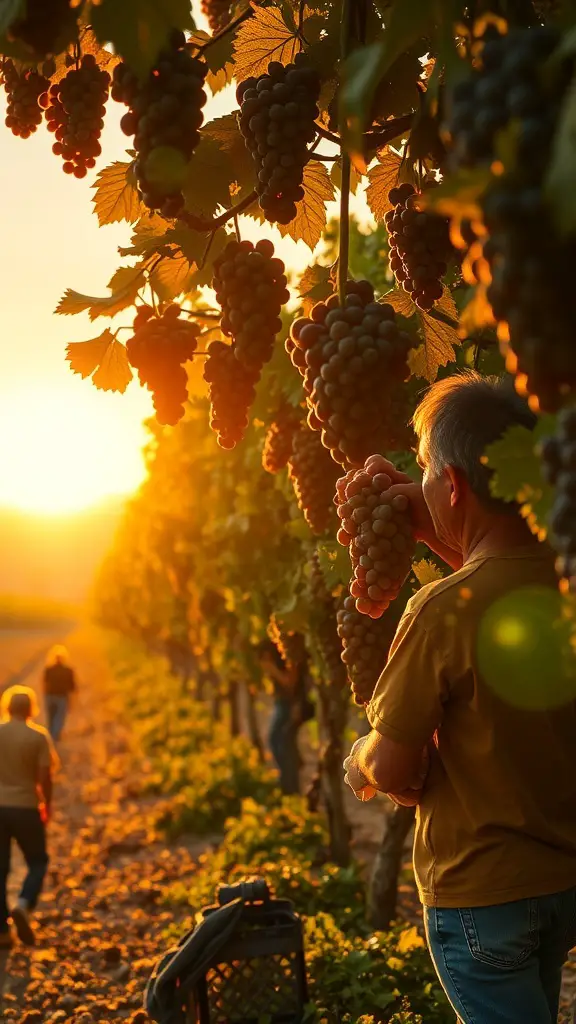 29+ Inspiring Tuscan Landscape Design Ideas You’ll Love 16 A vineyard during harvest time with ripe grapes and workers collecting them under a sunset.