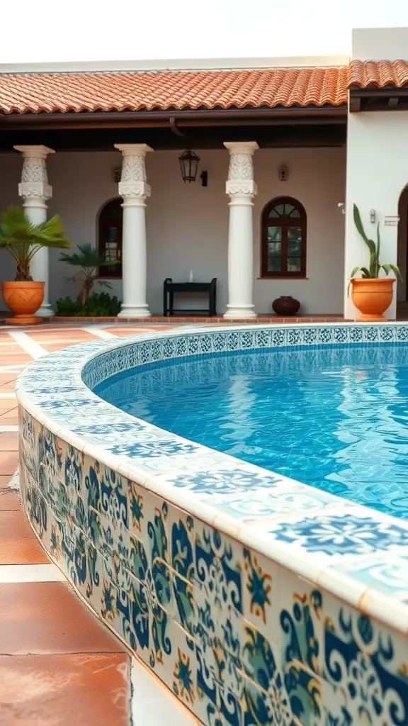 23+ Stunning Spanish Style Pool Designs to Inspire Your Backyard Oasis 10 A close-up view of a decorative pool with intricate tiles and clear blue water.