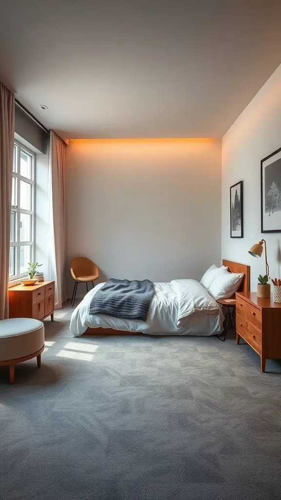 23+ Stylish Grey Carpet Bedroom Ideas for a Cozy Retreat 2 A cozy bedroom featuring a light grey carpet, wooden furniture, and natural light.