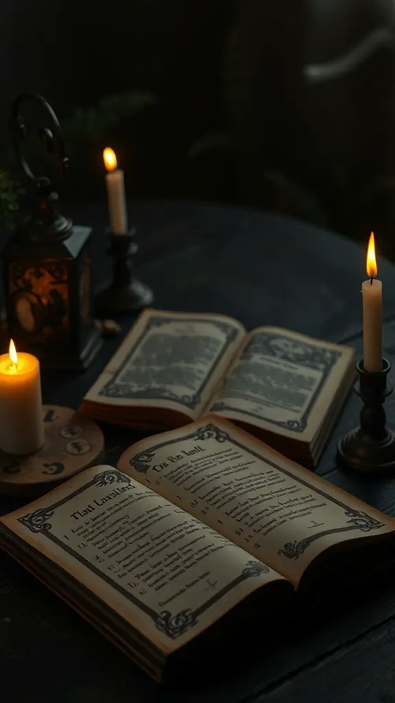 A cozy arrangement featuring an open spellbook, candles, and a lantern, creating a magical Halloween decor vibe.