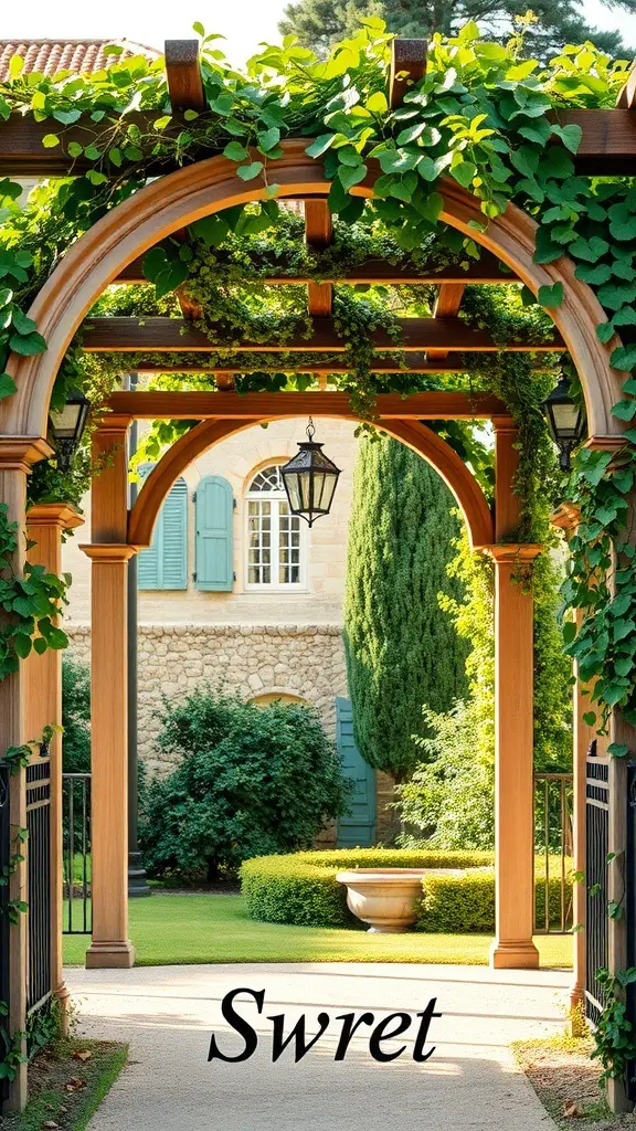 29+ Inspiring Tuscan Garden Ideas for Your Outdoor Oasis 11 A wooden garden arbor covered with green vines, leading to a well-maintained garden with a stone wall and a fountain.
