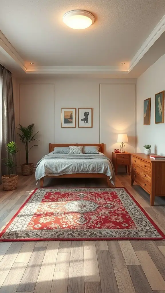 A cozy bedroom with a red rug, wooden furniture, and plants.