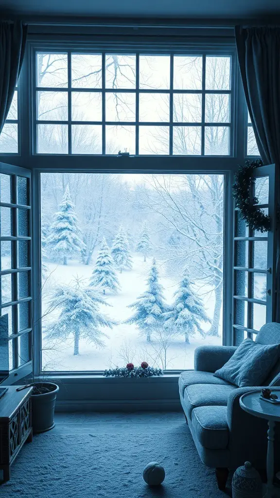 A cozy indoor scene with frosted window panes showing a snowy landscape outside.