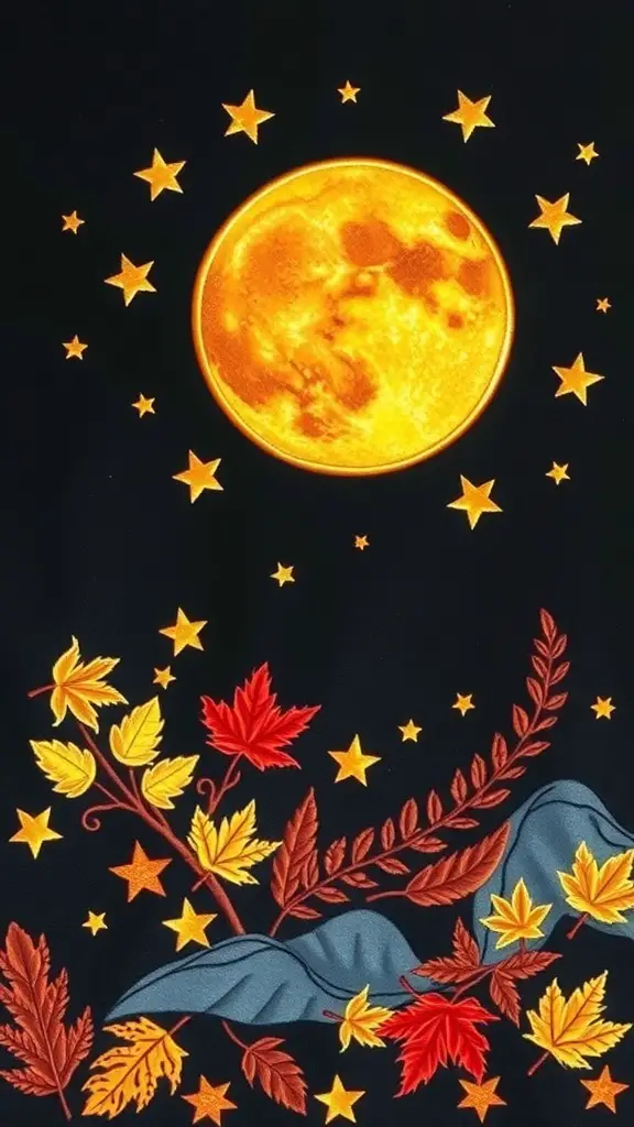 33+ Stunning Fall Embroidery Ideas to Try This Season 6 Embroidery design featuring a bright Harvest Moon, stars, and colorful autumn leaves