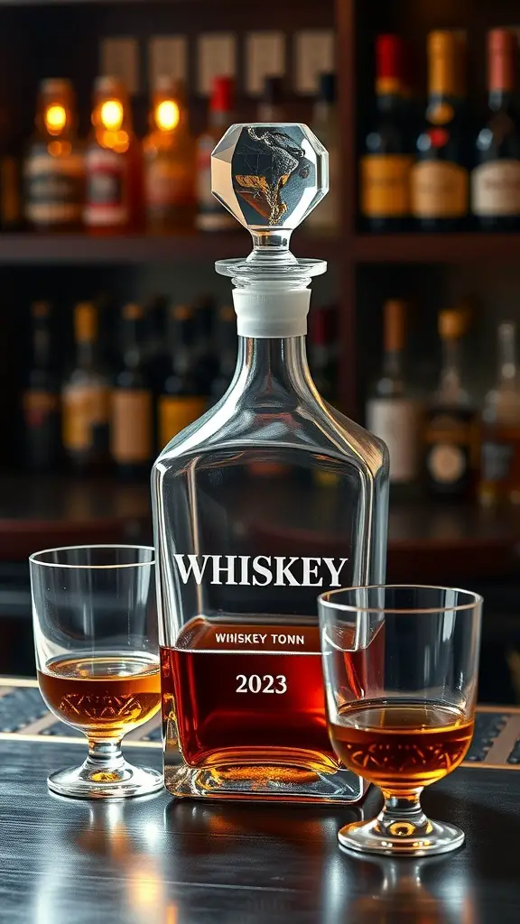 Personalized whiskey decanter set with two glasses, featuring the year 2023
