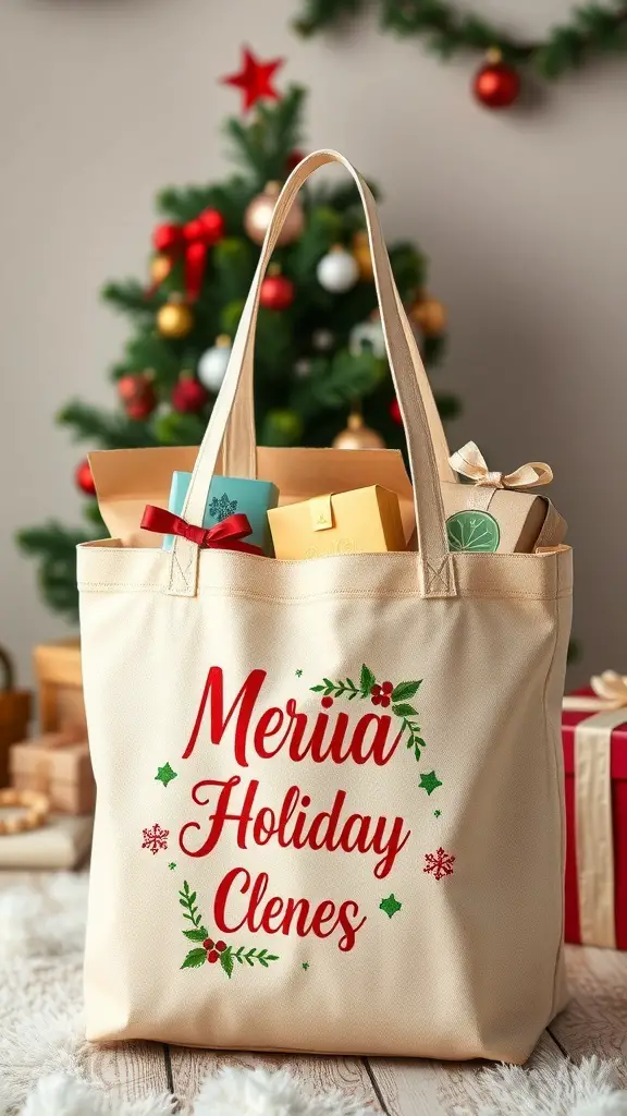 23 Affordable DIY Christmas Gifts for Everyone on Your List 10 Customized tote bag with holiday design and gifts inside