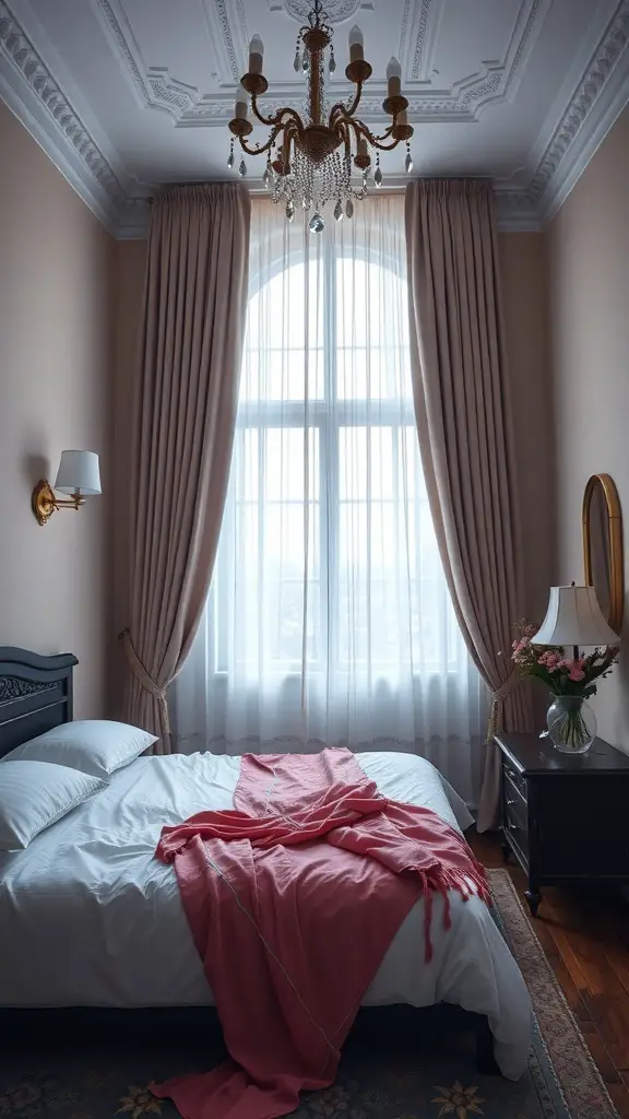 27+ Inspiring Small Bedroom Arrangement Ideas for Maximizing Space 10 A small bedroom with long curtains creating an illusion of height, featuring a chandelier and a neatly made bed.