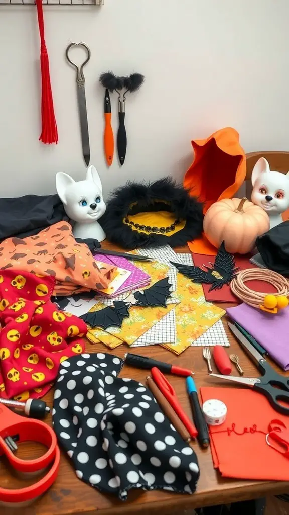 A table filled with various crafting materials for DIY Halloween costumes, including fabrics, tools, and decorations.