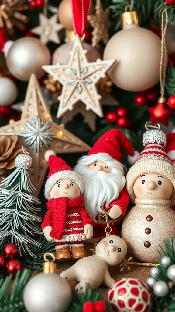 A festive arrangement featuring Santa, a snowman, and a girl in holiday attire surrounded by ornaments and greenery.