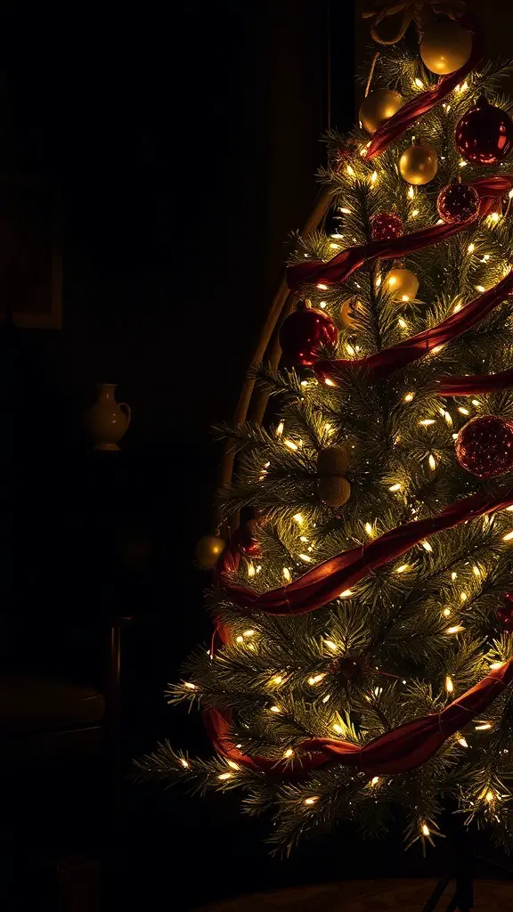 A beautifully lit Christmas tree with warm lights and decorative ornaments.