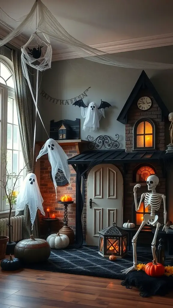 A cozy Halloween decoration scene featuring ghost figures, pumpkins, a skeleton, and spider webs.