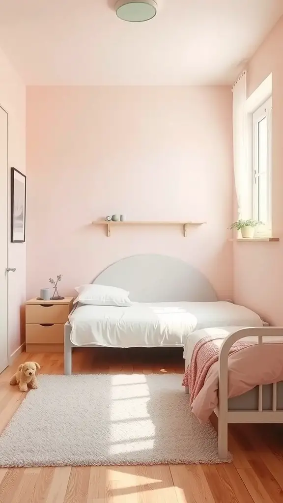 27+ Creative Tiny Bedroom Ideas for Maximum Style and Functionality 2 A tiny bedroom with light pink walls, a bed, and a small dog on a fluffy rug.