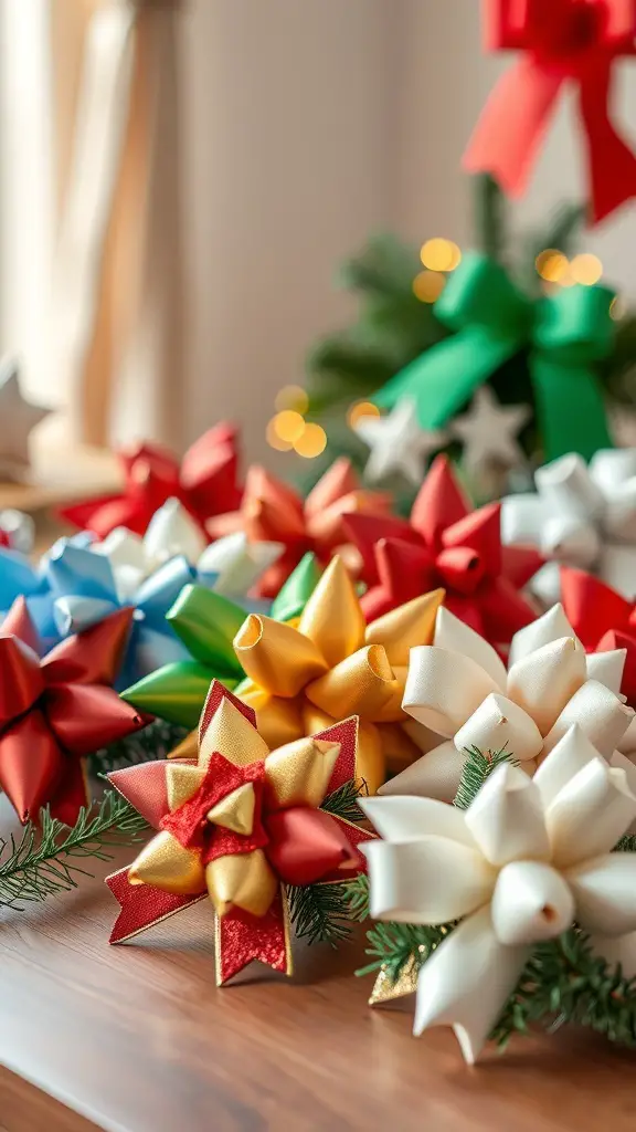 An assortment of colorful decorative Christmas bows on a table
