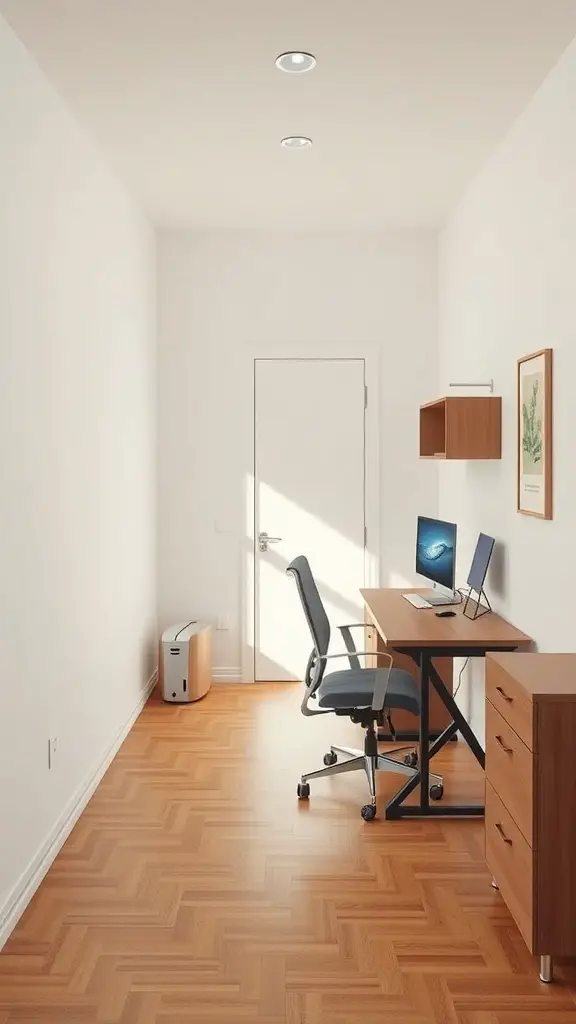 27+ Creative Long and Narrow Bedroom Ideas for Maximizing Space 13 A narrow bedroom workspace with a desk, computer, and storage.