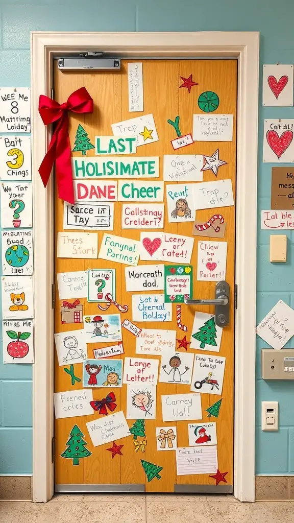A classroom door decorated with colorful holiday-themed drawings and messages, featuring a big red bow.