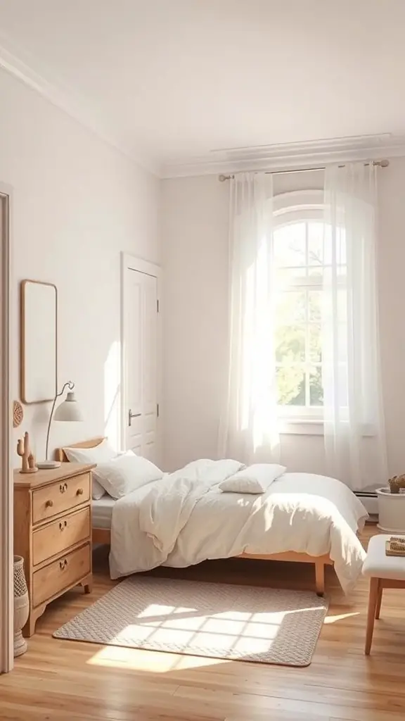 A small bedroom with light-colored walls, wooden furniture, and natural light coming through the window.