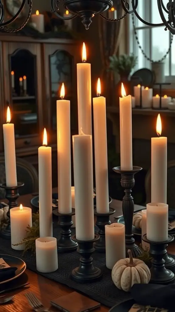 A collection of candles in various heights arranged on a table, creating a cozy and spooky atmosphere for Halloween.