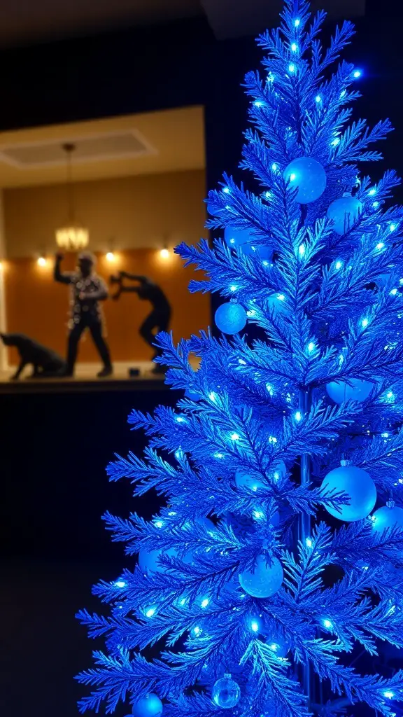 A blue Christmas tree with fairy lights and ornaments, with silhouettes of people in the background.