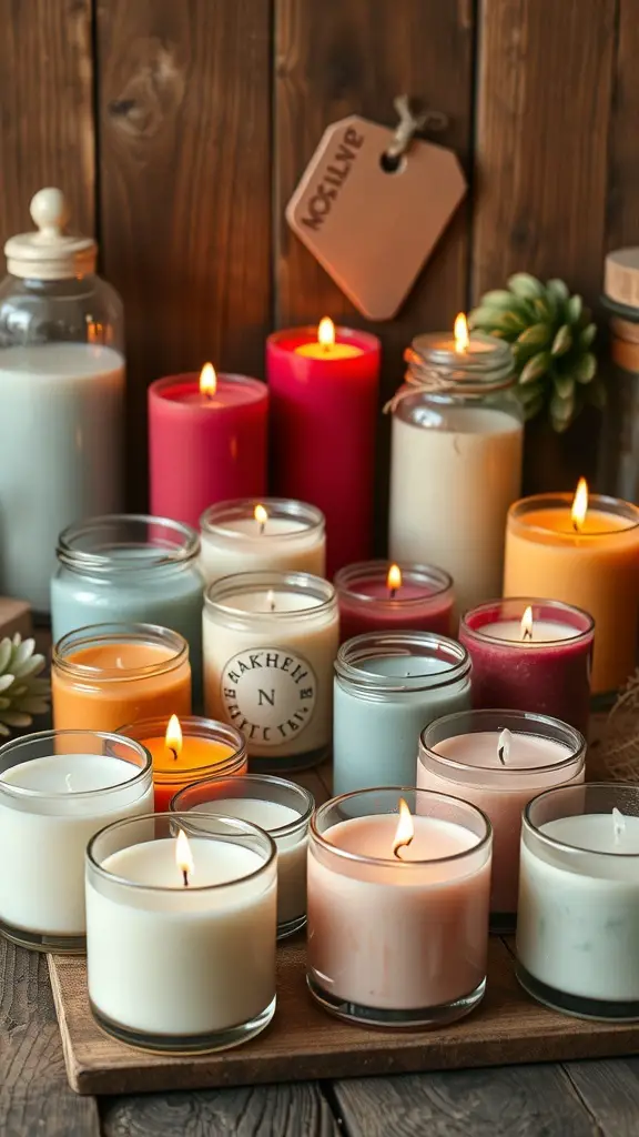 A variety of handmade scented candles in different colors and sizes, glowing softly.