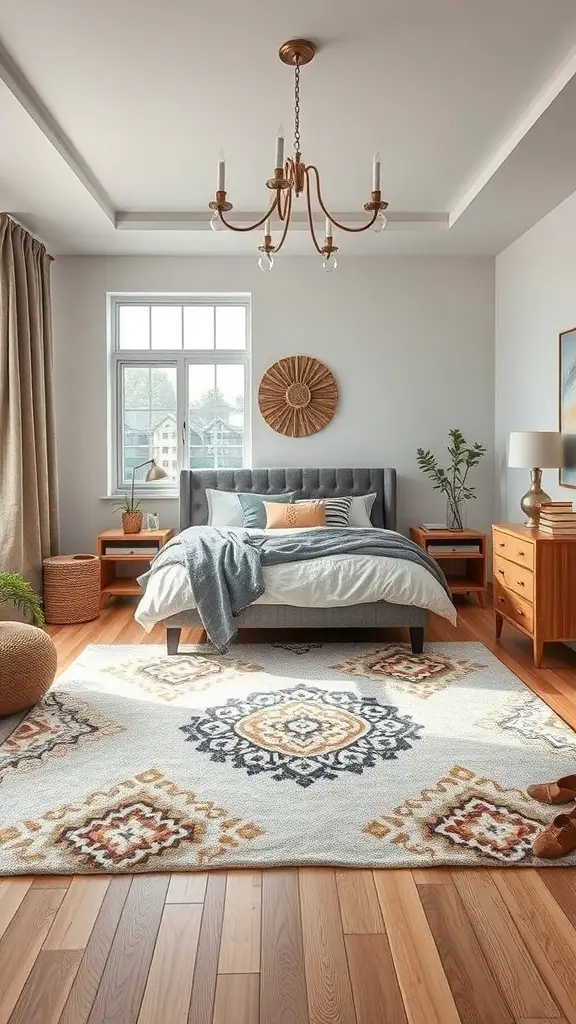 23+ Stunning Bedroom Rug Ideas to Transform Your Space 16 A cozy bedroom featuring a customizable rug with a geometric pattern, warm wooden floors, and stylish decor.