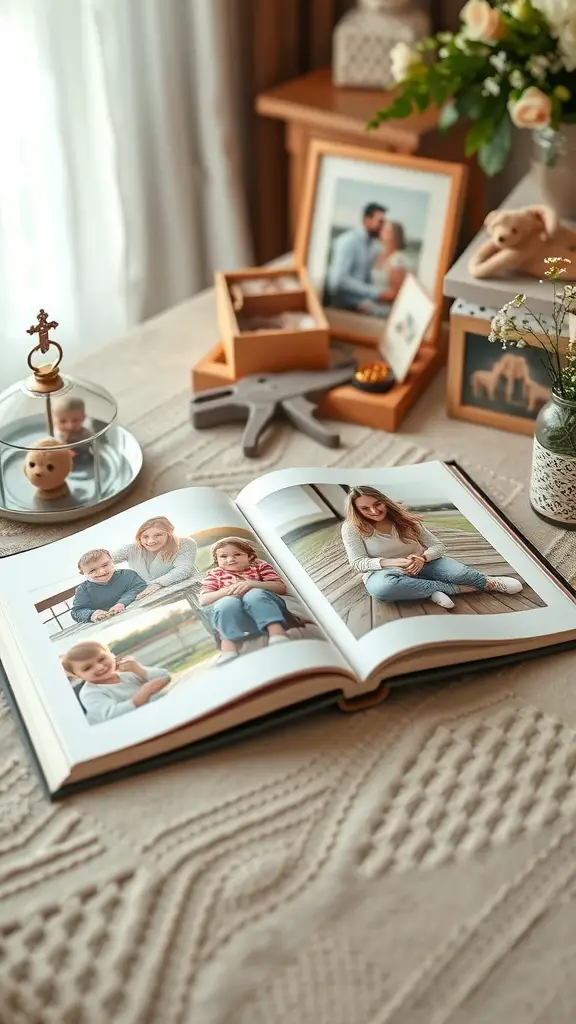 A personalized photo book open on a table, displaying family photos, surrounded by decorative items.