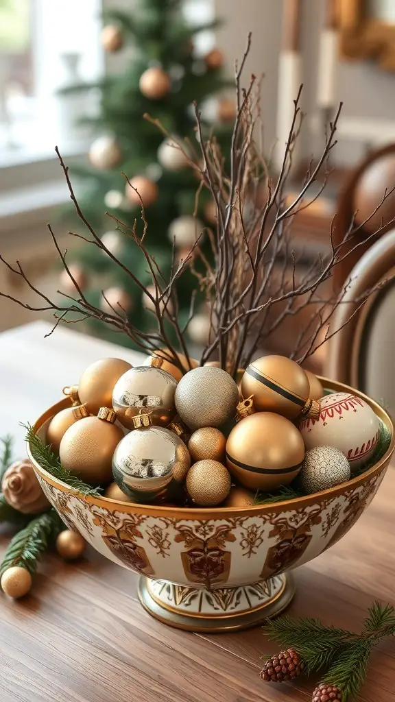 A vintage bowl filled with gold and silver Christmas ornaments, surrounded by twigs and pine branches, set on a wooden table.