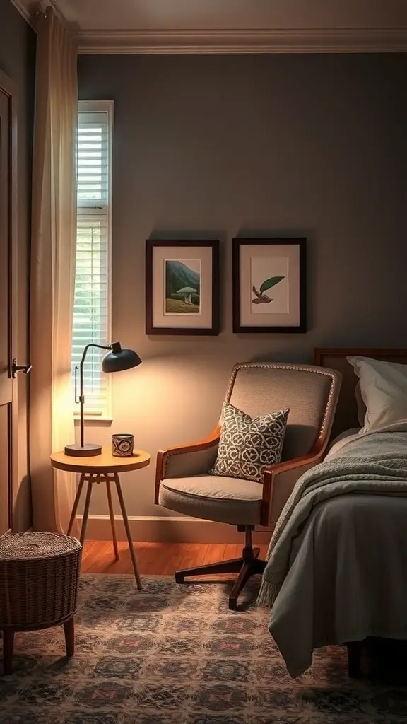 A cozy bedroom nook featuring a reading chair, side table, and warm lighting.