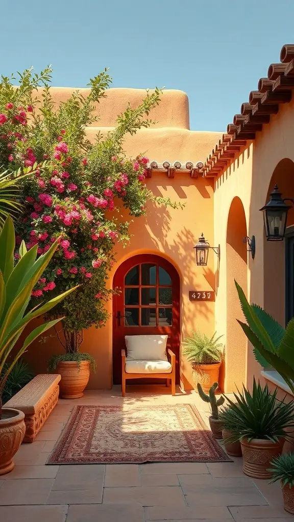 29+ Inspiring Spanish Revival Home Designs You’ll Love 7 A Spanish Revival home entryway with vibrant orange walls, green plants, and pink flowers.