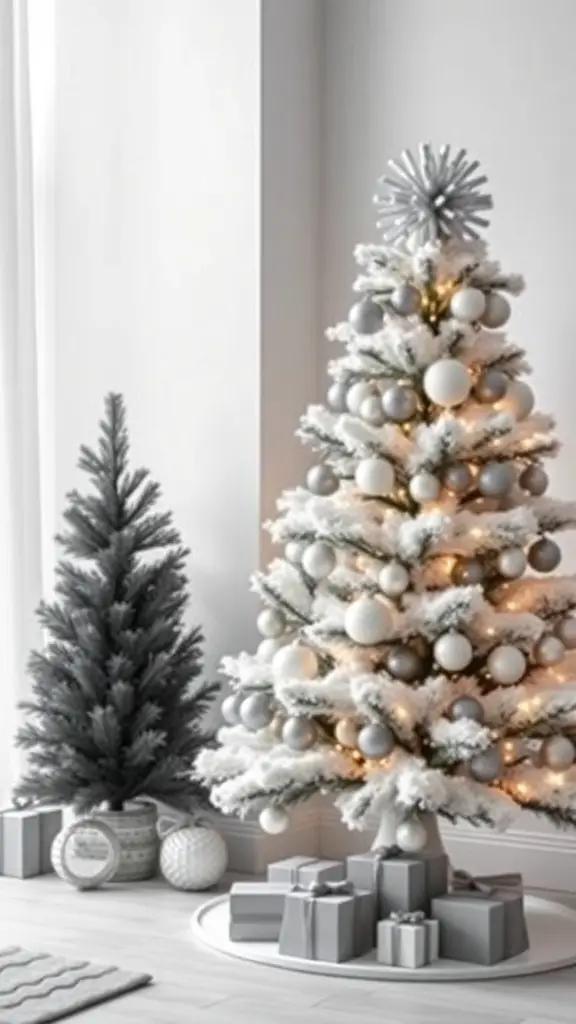 Two modern Yule trees in a stylish room, one large with white and silver ornaments and a smaller dark tree, surrounded by gifts.