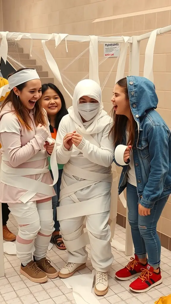 Teens participating in a Mummy Wrapping Contest, laughing and having fun.