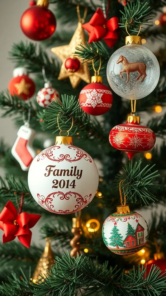 A Christmas tree adorned with personalized family ornaments, including a white ornament labeled 'Family 2014' and a horse ornament.