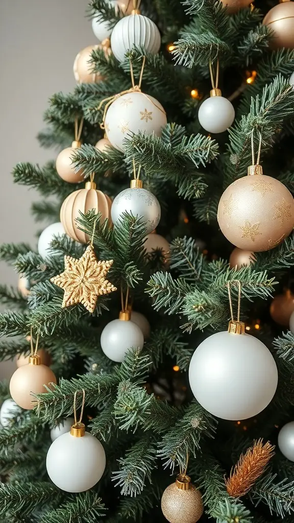 A close-up of a Christmas tree decorated with soft neutral ornaments in white, gold, and pastel colors.