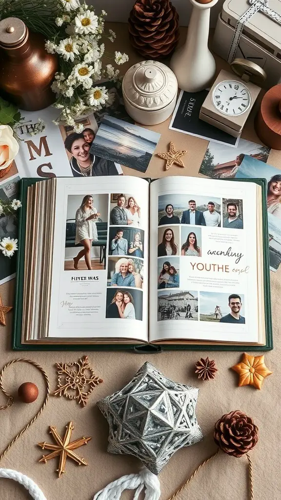 An open personalized photo book surrounded by decorative items