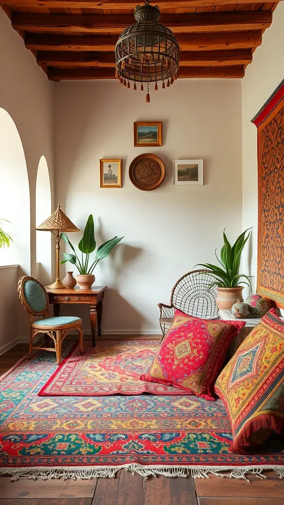 29+ Inspiring Spanish Revival Home Designs You’ll Love 16 A cozy corner of a Spanish Revival home featuring vibrant textiles, including a patterned rug, colorful cushions, and a wicker chair.